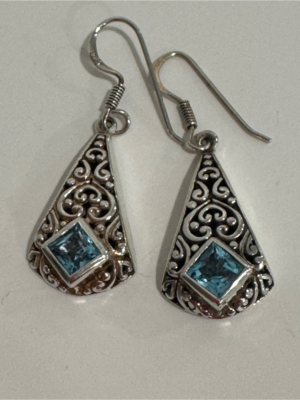 sterling silver Chapal Zenray earrings with filigree and blue topaz stone